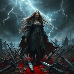 A dramatic fantasy scene depicting the reincarnation of a powerful sorceress, surrounded by blood and swords