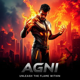 A striking cinematic action sci-fi film poster for a movie titled 'AGNI', featuring a 27-year-old Indian man with fire superpowers