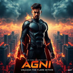 A striking cinematic action sci-fi film poster for a movie titled 'AGNI', featuring a 27-year-old Indian man with fire superpowers