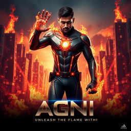 A striking cinematic action sci-fi film poster for a movie titled 'AGNI', featuring a 27-year-old Indian man with fire superpowers