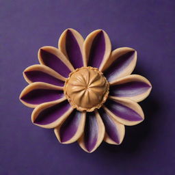 A flower made of creamy peanut butter, its petals intricately designed, against a radiant deep purple background.