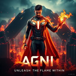 A striking cinematic action sci-fi film poster for a movie titled 'AGNI', featuring a 27-year-old Indian man with fire superpowers