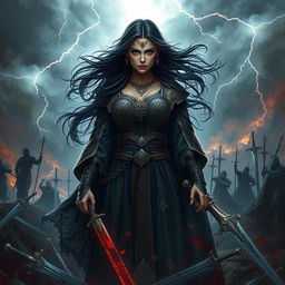 A captivating fantasy depiction of the reincarnation of a powerful sorceress, surrounded by a dramatic scene of blood and swords