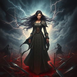 A captivating fantasy depiction of the reincarnation of a powerful sorceress, surrounded by a dramatic scene of blood and swords