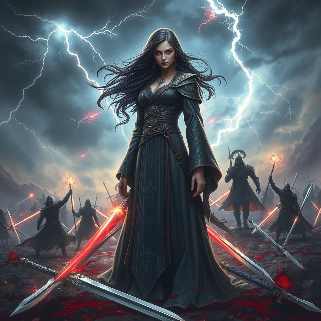 A captivating fantasy depiction of the reincarnation of a powerful sorceress, surrounded by a dramatic scene of blood and swords