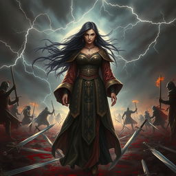 A captivating fantasy depiction of the reincarnation of a powerful sorceress, surrounded by a dramatic scene of blood and swords