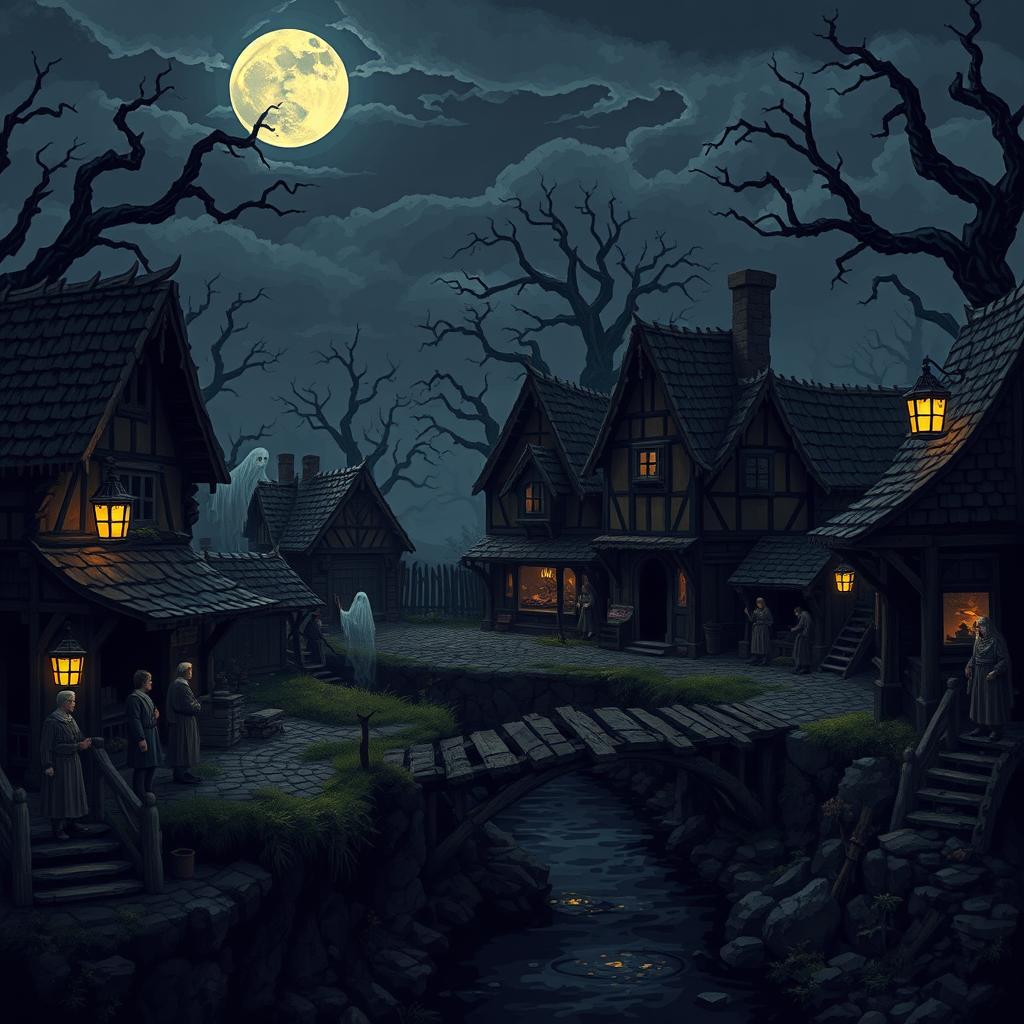 A pixel art style dark fantasy medieval village background, featuring ominous cottages with crooked roofs and flickering lanterns