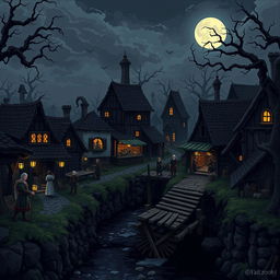 A pixel art style dark fantasy medieval village background, featuring ominous cottages with crooked roofs and flickering lanterns