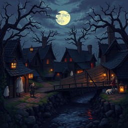 A pixel art style dark fantasy medieval village background, featuring ominous cottages with crooked roofs and flickering lanterns