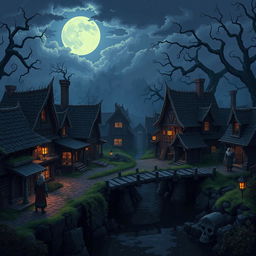 A pixel art style dark fantasy medieval village background, featuring ominous cottages with crooked roofs and flickering lanterns