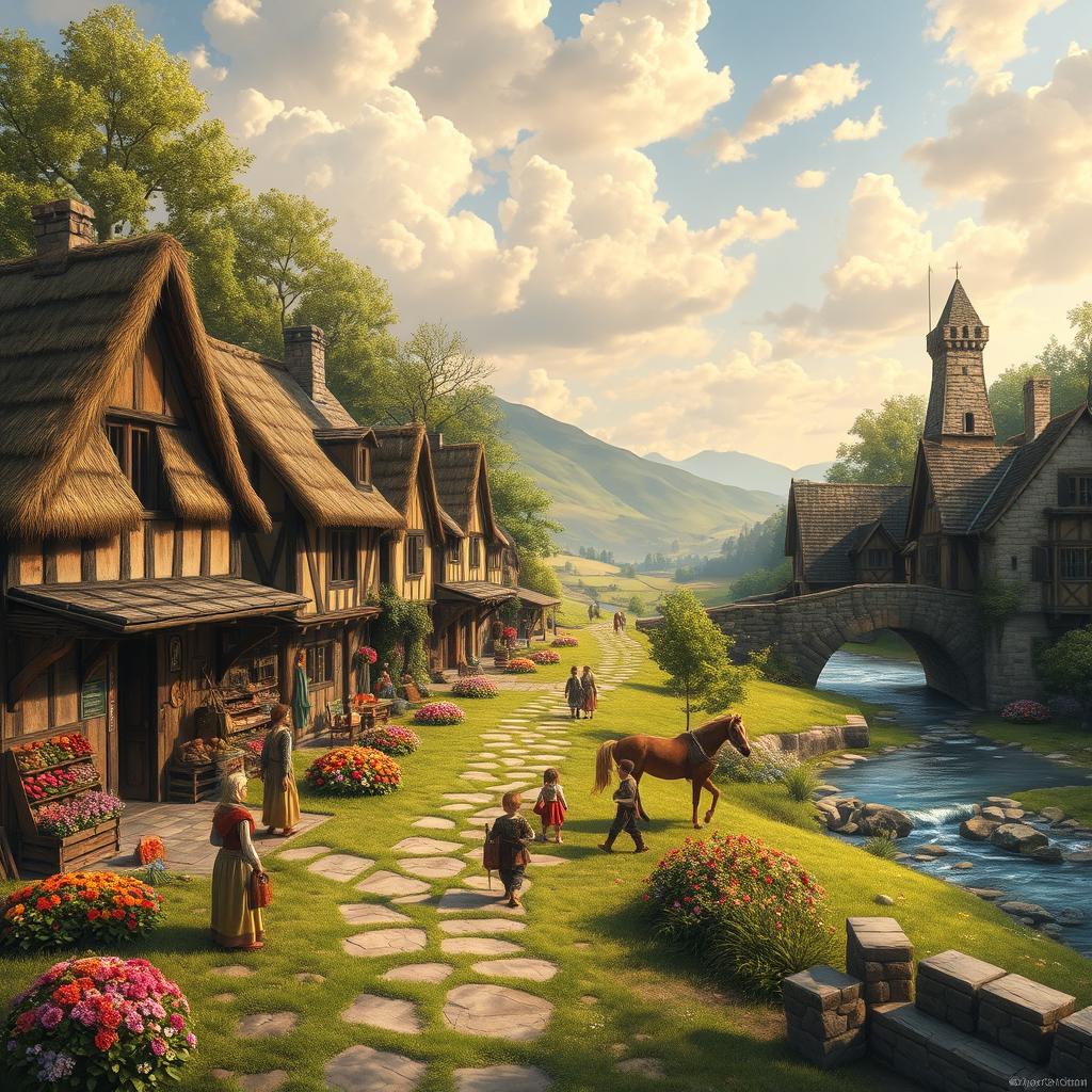 A beautifully detailed medieval village background, showcasing a picturesque scene with rustic cottages featuring thatched roofs and wooden beams