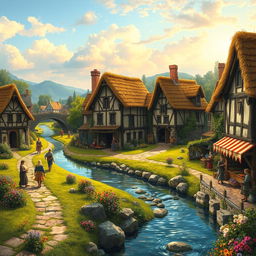 A beautifully detailed medieval village background, showcasing a picturesque scene with rustic cottages featuring thatched roofs and wooden beams