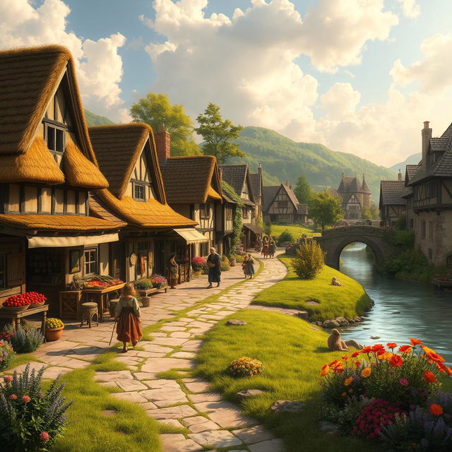 A beautifully detailed medieval village background, showcasing a picturesque scene with rustic cottages featuring thatched roofs and wooden beams