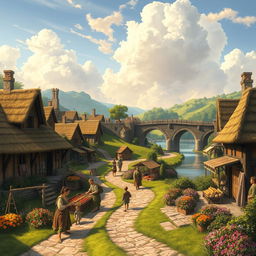 A beautifully detailed medieval village background, showcasing a picturesque scene with rustic cottages featuring thatched roofs and wooden beams