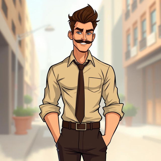 An illustrated art piece featuring a tall, lanky man with brown hair styled neatly and a well-groomed moustache