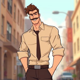 An illustrated art piece featuring a tall, lanky man with brown hair styled neatly and a well-groomed moustache