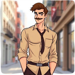 An illustrated art piece featuring a tall, lanky man with brown hair styled neatly and a well-groomed moustache