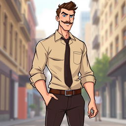 An illustrated art piece featuring a tall, lanky man with brown hair styled neatly and a well-groomed moustache