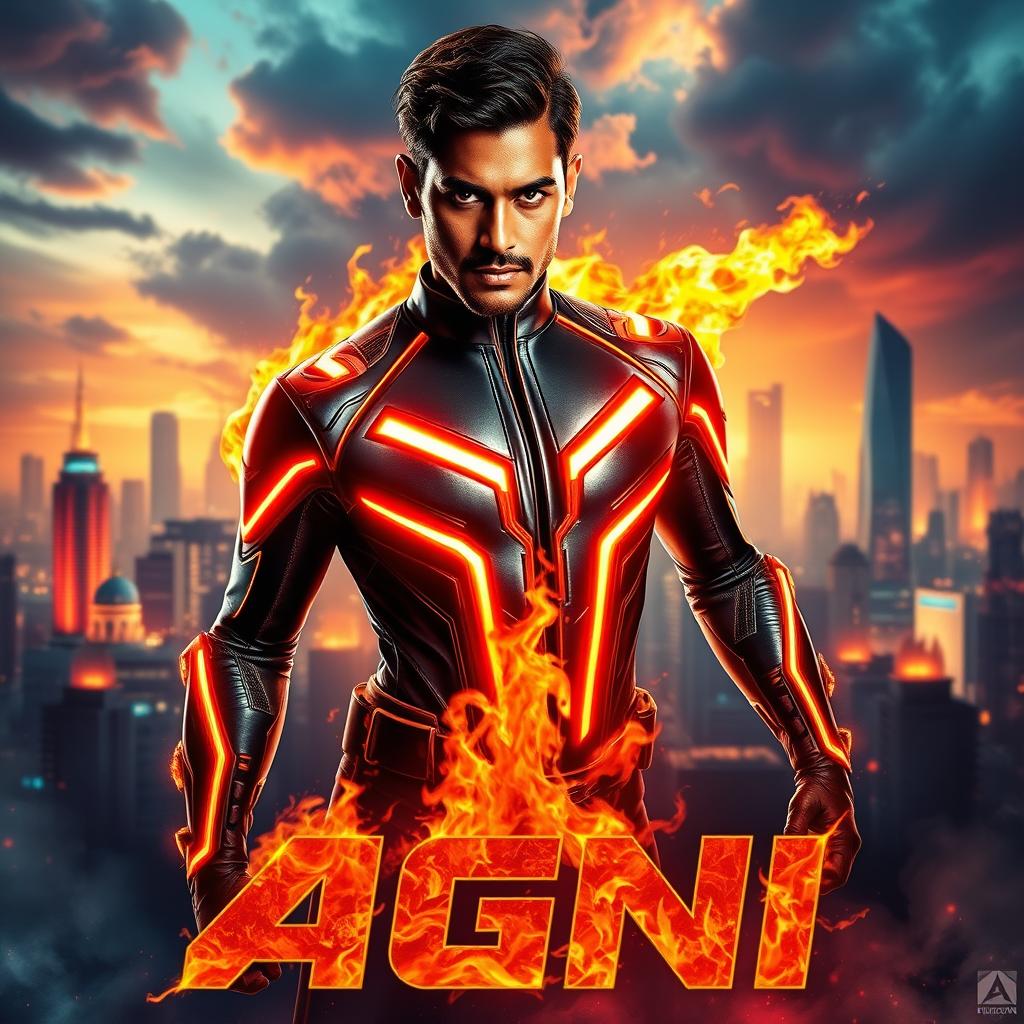 A dynamic and vibrant film poster for a science fiction action movie titled 'AGNI', featuring a 27-year-old Indian man with fire superpowers