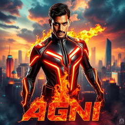 A dynamic and vibrant film poster for a science fiction action movie titled 'AGNI', featuring a 27-year-old Indian man with fire superpowers