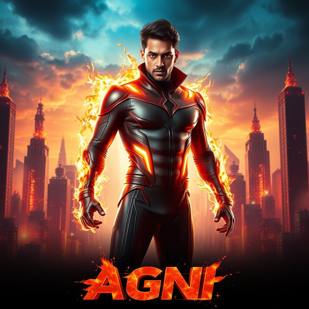 A dynamic and vibrant film poster for a science fiction action movie titled 'AGNI', featuring a 27-year-old Indian man with fire superpowers