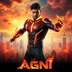 A dynamic and vibrant film poster for a science fiction action movie titled 'AGNI', featuring a 27-year-old Indian man with fire superpowers