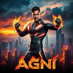 A dynamic and vibrant film poster for a science fiction action movie titled 'AGNI', featuring a 27-year-old Indian man with fire superpowers