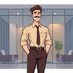 An illustrated art piece featuring a tall, lanky man with brown hair styled neatly and a well-groomed moustache