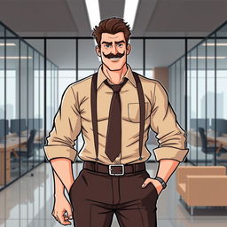 An illustrated art piece featuring a tall, lanky man with brown hair styled neatly and a well-groomed moustache