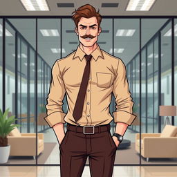 An illustrated art piece featuring a tall, lanky man with brown hair styled neatly and a well-groomed moustache