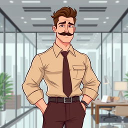 An illustrated art piece featuring a tall, lanky man with brown hair styled neatly and a well-groomed moustache