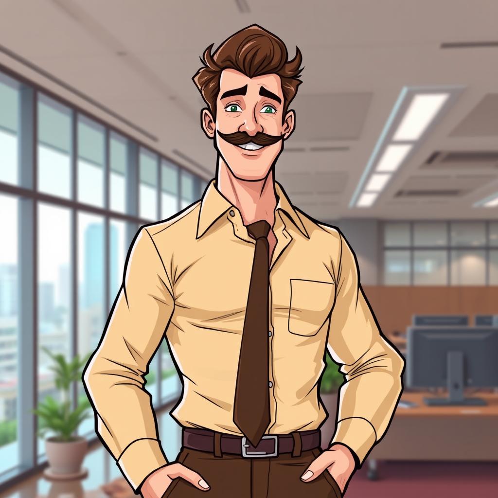 An illustrated art piece featuring a tall, lanky man with brown hair styled neatly and a well-groomed moustache