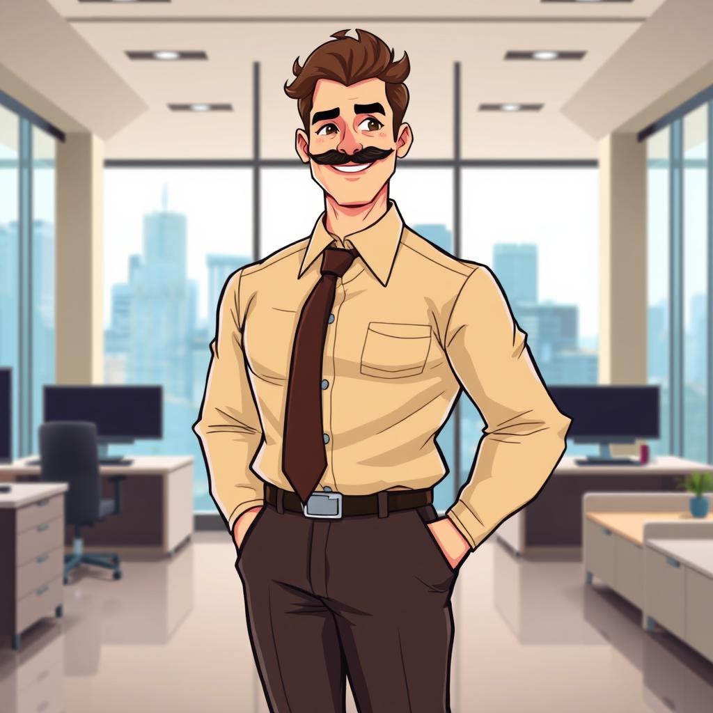 An illustrated art piece featuring a tall, lanky man with brown hair styled neatly and a well-groomed moustache