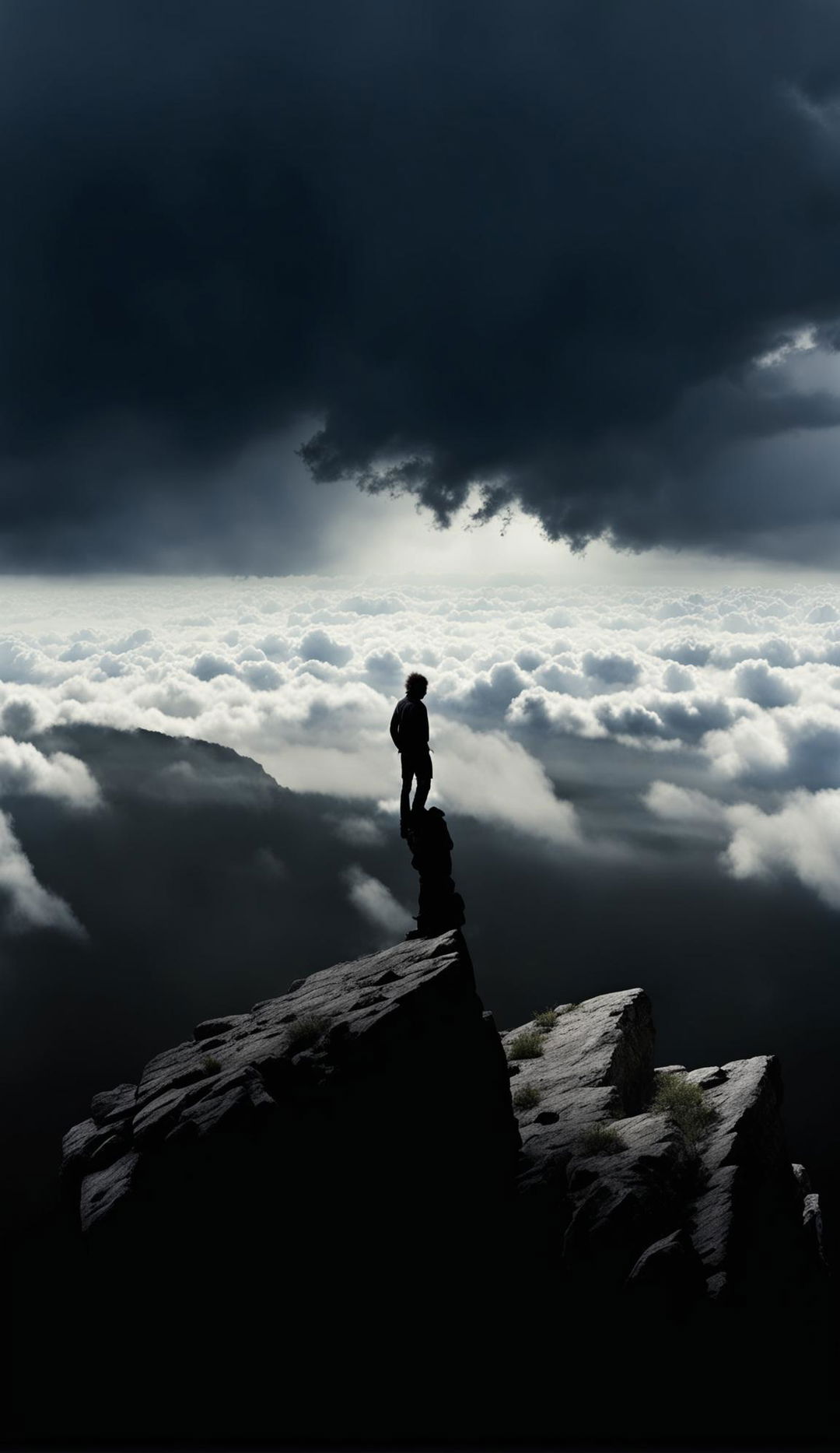 HD professional photograph depicting a lone figure standing on a precipice against a stormy sky, embodying an existential crisis.