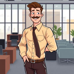 An illustrated art piece featuring a tall, lanky man with brown hair styled neatly and a well-groomed moustache