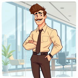 An illustrated art piece featuring a tall, lanky man with brown hair styled neatly and a well-groomed moustache