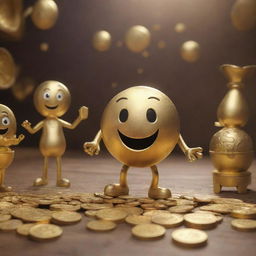 A lively, animated scene showing anthropomorphic gold items, like a walking coin or a talking ingot, to denote the vibrancy and value of gold in a fun, welcoming atmosphere.