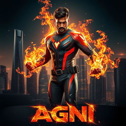 A gripping film poster for a science fiction action movie titled 'AGNI', showcasing a 27-year-old Indian man who possesses fire superpowers