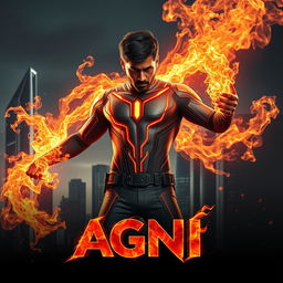 A gripping film poster for a science fiction action movie titled 'AGNI', showcasing a 27-year-old Indian man who possesses fire superpowers