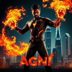 A gripping film poster for a science fiction action movie titled 'AGNI', showcasing a 27-year-old Indian man who possesses fire superpowers