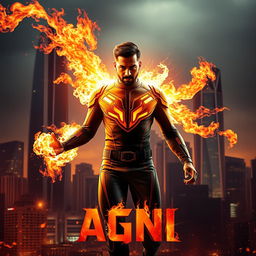 A gripping film poster for a science fiction action movie titled 'AGNI', showcasing a 27-year-old Indian man who possesses fire superpowers