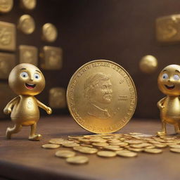 A lively, animated scene showing anthropomorphic gold items, like a walking coin or a talking ingot, to denote the vibrancy and value of gold in a fun, welcoming atmosphere.