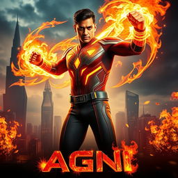 An exhilarating film poster for a science fiction action movie titled 'AGNI', showcasing a 27-year-old Indian man harnessing his fire superpowers to their full potential