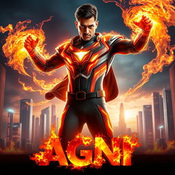 An exhilarating film poster for a science fiction action movie titled 'AGNI', showcasing a 27-year-old Indian man harnessing his fire superpowers to their full potential