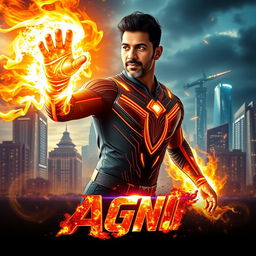 An exhilarating film poster for a science fiction action movie titled 'AGNI', showcasing a 27-year-old Indian man harnessing his fire superpowers to their full potential