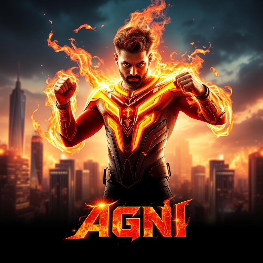 An exhilarating film poster for a science fiction action movie titled 'AGNI', showcasing a 27-year-old Indian man harnessing his fire superpowers to their full potential