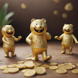 A lively, animated scene showing anthropomorphic gold items, like a walking coin or a talking ingot, to denote the vibrancy and value of gold in a fun, welcoming atmosphere.