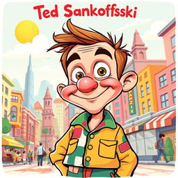 An imaginative and colorful illustrative art piece featuring a whimsical cartoon character named Ted Spankoffski