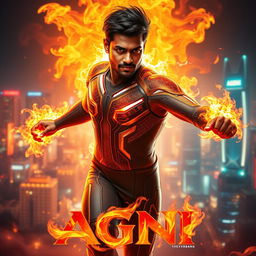 An electrifying film poster for a science fiction action movie titled 'AGNI', featuring a 27-year-old Indian man harnessing his fire superpowers to their fullest potential