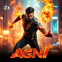 An electrifying film poster for a science fiction action movie titled 'AGNI', featuring a 27-year-old Indian man harnessing his fire superpowers to their fullest potential